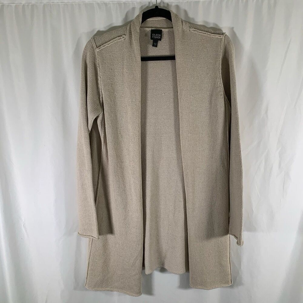 Eileen Fisher Silk Blend Long Cardigan Small Brown Open Front Long Sleeve Stains